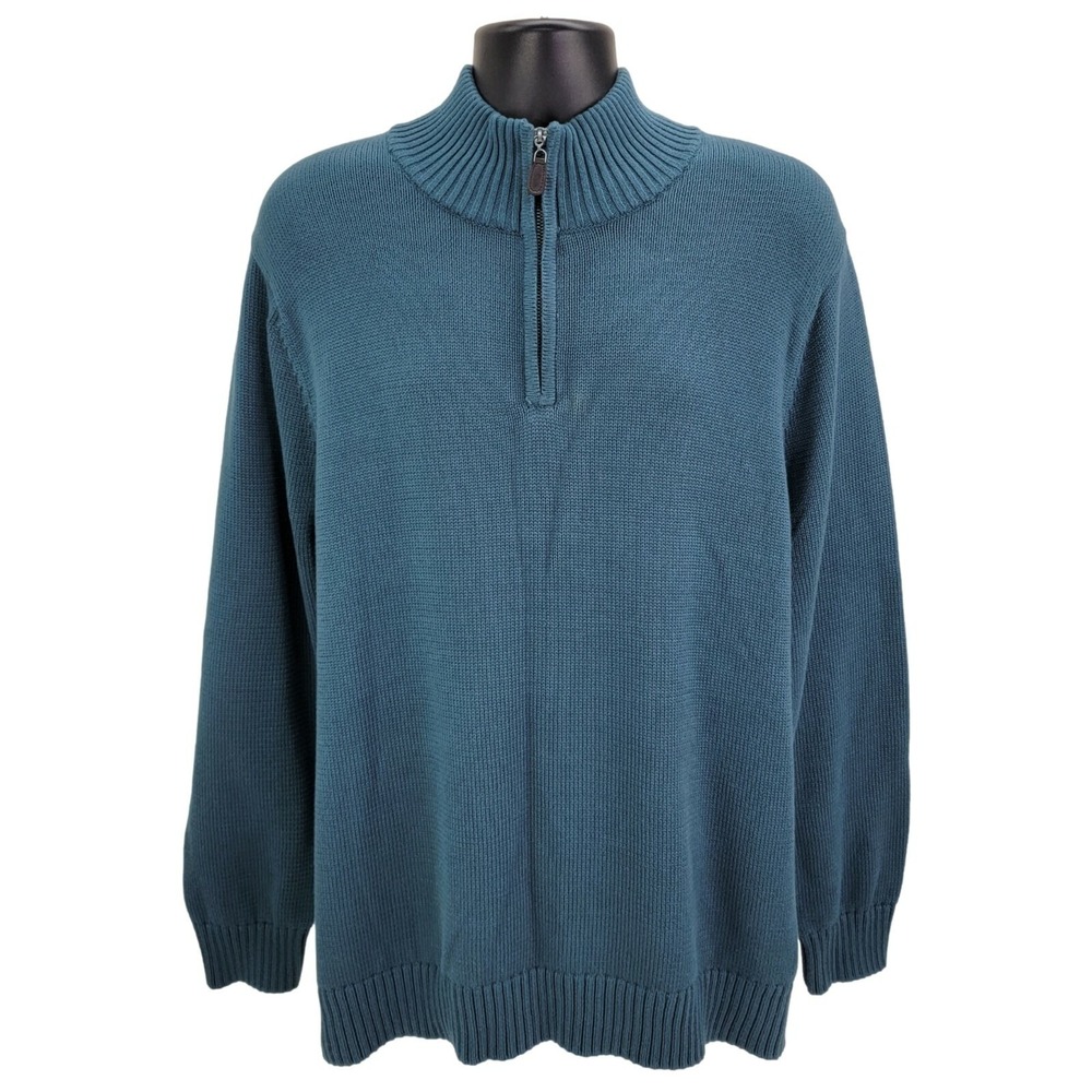 LL Bean Quarter Zip Sweater Mens XL Regular Teal Blue Cotton Ribbed Mock 287736
